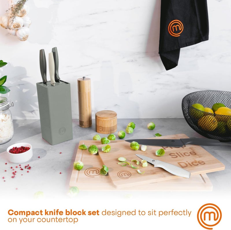 Master Chef Knife Block Set of 6 Kitchen Knives, Extra Sharp Stainless Steel Blades for Professional Cutting with Non Stick Coating & Soft Touch Easy Grip Handles in a Universal Holder, Earth Greys - Image 3